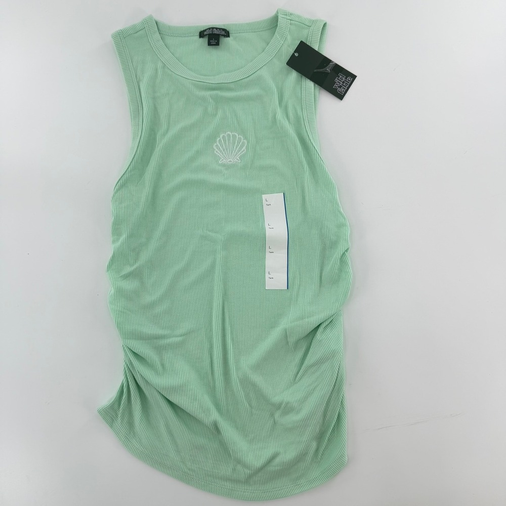 Wild Fable Tank Top Ruched Side Ribbed Embroidered Seashell Women L Mint Green
